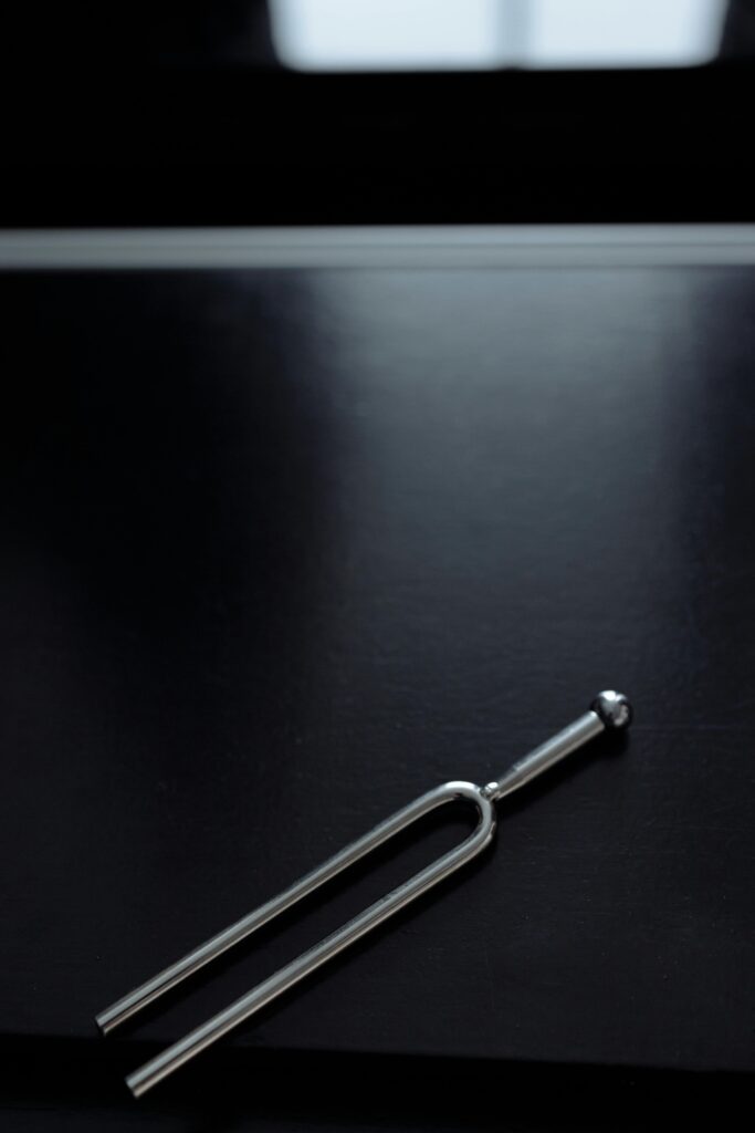 Close-up of a tuning fork on a sleek black surface with copy space. A great analogy for a highly resonant body.